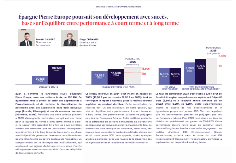 scpi epargne pierre europe performance courrier aux investisseurs